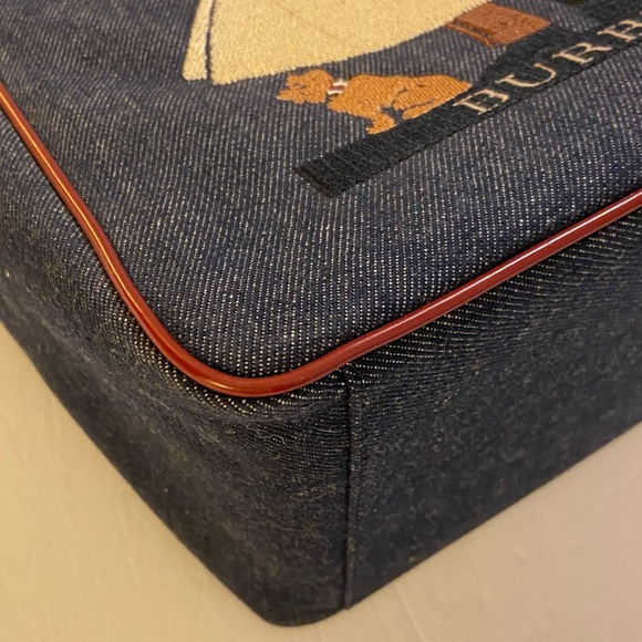 RARE Vintage Burberry Embroidered with Red Leather Trim Handbag Blue Denim Tote - Picture 15 of 16